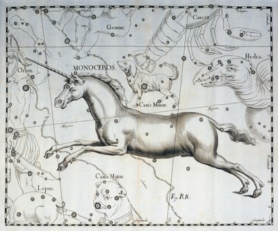 Monoceros, egyszarvú csillagkép, metszet a Firmamentum Sobiescianum sive Uronographia égi atlaszból, Johann Hevelius (1611-1687), Gdansk alkotó: Johannes Hevelius