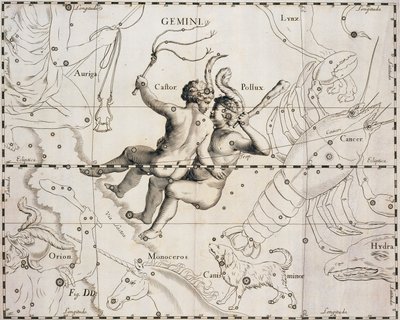 Az Ikrek csillagkép, Illusztráció a Firmamentum Sobiescianum sive Uranographia-ból, Johann Hevelius (1611-1687), Gdansk 1690 alkotó: Johannes Hevelius
