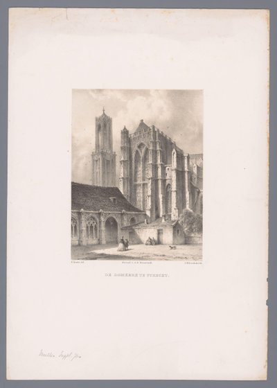 Kilátás a Dom-templomra és a Dom-toronyra Utrechtben Az utrechti dóm-templom (cím a tárgyon) A holland város és kikötő látványa Everhardus Koster rajzai alapján (sorozat címe) E. Koster vázlatfüzete: Dutch City and Harbour Views (sorozat címe) alkotó: Johannes Hilverdink