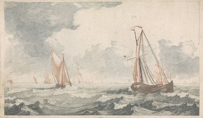 Két egymás felé vitorlázó lapos fenekű csónak Hajók a tengeren (A sorozat) (sorozat címe) alkotó: Johannes Jacobsz van den Aveele