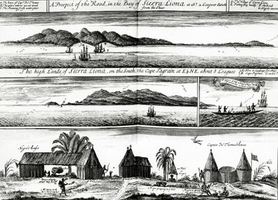 Az út kilátásai a Sierra Liona-öbölben, Awnsham és John Churchill 1732-ben megjelent „Utak és utazások gyűjteménye” című művének 5. kötetének illusztrációja. alkotó: Johannes Kip