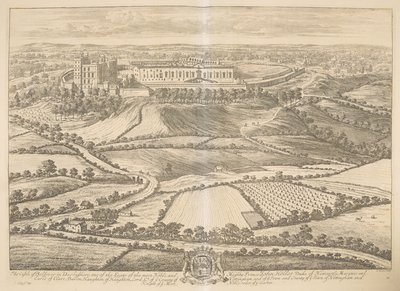 Bolsover kastélya Darbyshire-ben: a legnemesebb és leghatalmasabb John Holles herceg, Newcastle hercege, Clare márki és gróf, Haughton báró, Nottingham megye lord hadnagyának és városának és városának megyéjének egyik székhelye Nottingham an alkotó: Johannes Kip