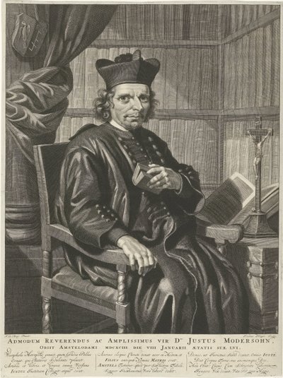 Justus Modersohn lelkész portréja A helyes tiszteletes és nagy ember, Justus Modersohn úr, 1693. január 8-án, 15 éves korában meghalt Amszterdamban (cím a tárgyon) alkotó: Johannes Klopper