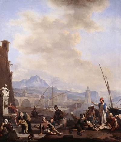 Földközi-tengeri kikötő egy szökőkútnál ivó emberrel, gályarabokkal, kereskedőkkel és kikötői munkásokkal alkotó: Johannes Lingelbach