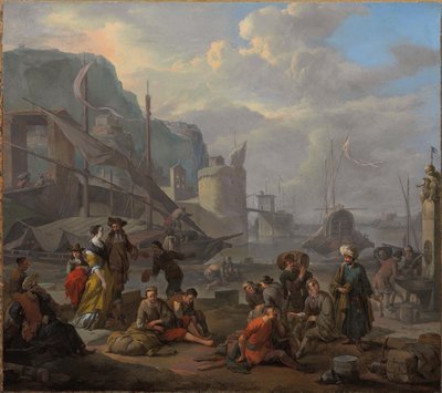 Egy mediterrán kikötő elegáns párral és a rakparton pihenő utazókkal alkotó: Johannes Lingelbach
