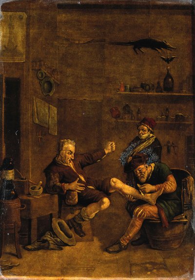 Egy sebész egy férfi lábát kezeli. Mezzotint Johannes Lingelbachnak tulajdonított kompozíció alapján. alkotó: Johannes Lingelbach