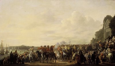 II. Károly megáll a Wema birtokon a Rotte-on Rotterdamból Hágába tartó utazása során, 1660. május 25. alkotó: Johannes Lingelbach