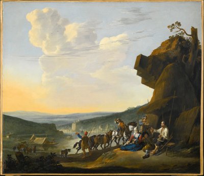 Német: Südliche Landschaft mit Fähre Déli táj egy öbölre néző kilátással, pihenő utazókkal. alkotó: Johannes Lingelbach