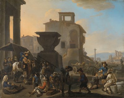 Olasz piactér egy gubacs fogorvossal Piactér egy olasz városban, vándorfoghúzóval alkotó: Johannes Lingelbach