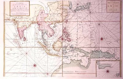 Északnyugat-Indiától Észak-Ausztráliáig, Japánon és a Fülöp-szigeteken át tartó tengerparti diagram, 1700 körül (színes metszet) alkotó: Johannes and Mortier Cornelis Covens