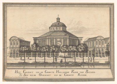 Kilátás a Batavia új holland templomára Kilátás a Groote Hollandse Kerkről Batavia Te Sienre a Groote Revier túloldaláról (cím az objektumon) alkotó: Johannes Rach