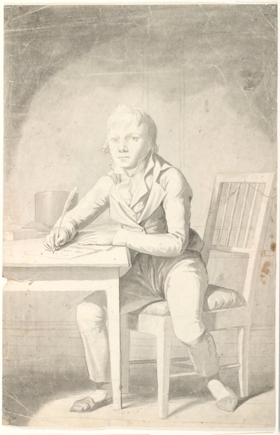 Fiatal írás fiú ül egy asztalnál alkotó: Johannes Senn