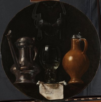Emblematikus csendélet zászlóval, üveggel, kannával és kantárral Emblematikus csendélet zászlóval, üveggel, kancsóval és kantárral alkotó: Johannes Torrentius