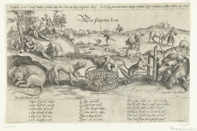 Az alvó oroszlán, 1567 Az alvó oroszlán (cím a tárgyon) Négy allegória az 1576-1579 közötti hollandiai eseményekről (sorozat címe) alkotó: Johannes Wierix (attributed to)