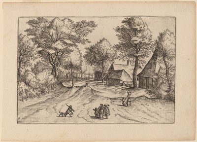 Falusi út farmtal és fészerekkel alkotó: Johannes and Lucas van Doetechum after Master of the Small Landscapes
