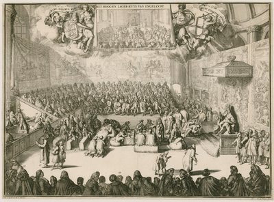 Ülés az alsóházban II. Györggyel a trónon alkotó: Johannes and Mortier, Cornelis Covens