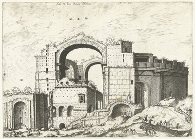 Gezicht op de Sint Pieter Rómában Az Aedis D. Peter Romana deformációja (cím a tárgyon) Római romok, 1561 (sorozat címe) alkotó: Johannes of Lucas van Doetechum (attributed to)