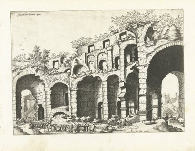Kilátás egy amfiteátrumra, valószínűleg a Colosseumra Római romok, 1561 (sorozat címe) alkotó: Johannes of Lucas van Doetechum (attributed to)