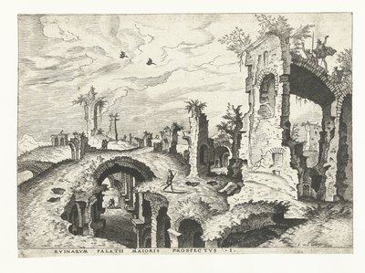 Kilátás a romokra a Palatinus-dombon Rómában Római romok, 1561 (sorozat címe) alkotó: Johannes of Lucas van Doetechum (attributed to)