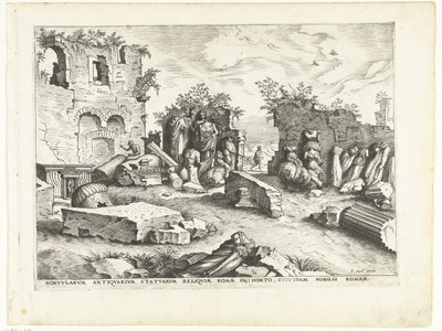 Kert antik szobrok töredékeivel Római romok, 1561 (sorozat címe) alkotó: Johannes of Lucas van Doetechum (attributed to)