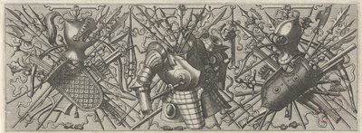 Friezz sisakkal, pajzzsal és keresztezett botfegyverekkel és számszeríjakkal a bal oldalon Panoplia sev armamentarium… (sorozat címe) alkotó: Johannes of Lucas van Doetechum