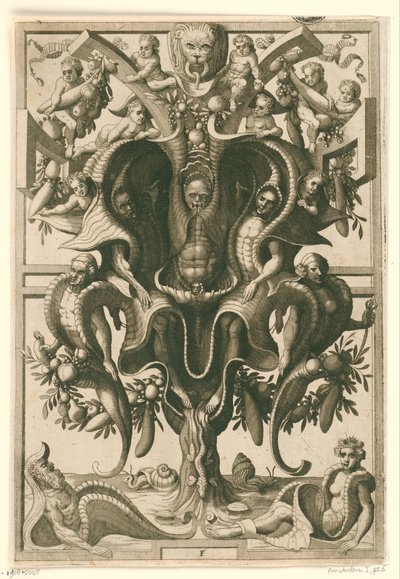 Kagylószerű dísz, amelyben alakok vannak bebörtönözve. Veelderleij Wisselinghe van grotissen ende Compertimenten (...)Libro Primo (sorozat címe) alkotó: Johannes of Lucas van Doetechum
