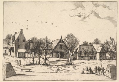 Vidéki falu, előtérben íjászok a Multifariarum casularum ruriumque linea..., 1559-61. alkotó: Johannes van Doetecum I
