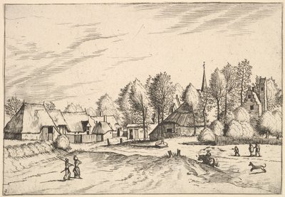 Vidéki falu templomtoronnyal a Multifararum nyaralókból és vidéki vonalakból..., 1559-61. alkotó: Johannes van Doetecum I