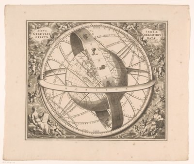 Hemelkaart van de aarde volgens het stelsel van Ptolemaeus A föld helyzete égi körökkel körülvéve (cím a tárgyon) alkotó: Johannes van Loon
