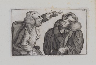 Ein Mann tropft Wein aus einem Glas auf einen anderen (Gravur) von John  Collier