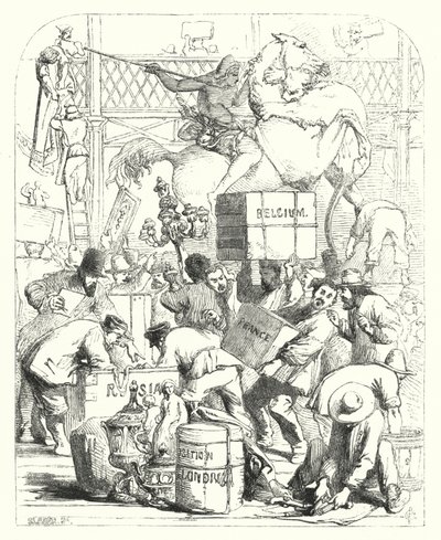 Az 1851-es Nagy Kiállításon bemutatandó áruk érkezése, Crystal Palace, Hyde Park, London (metszet) alkotó: John (after) Gilbert