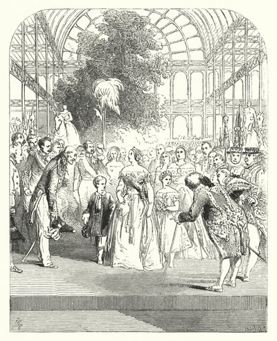 Viktória királynő és gyermekei az 1851-es Nagy Kiállításon, a Crystal Palace-ban, a Hyde Parkban, Londonban (metszet) alkotó: John (after) Gilbert