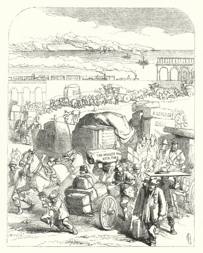 Hajók és vonatok, amelyek az 1851-es Nagy Kiállításra, a Crystal Palace-ra, a Hyde Parkba, Londonba viszik a látogatókat (metszet) alkotó: John (after) Gilbert