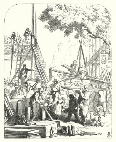 Munkások a Crystal Palace helyén, a Hyde Parkban, Londonban, az 1851-es Nagy Kiállítás helyszínén (metszet) alkotó: John (after) Gilbert