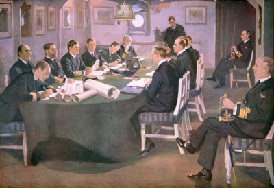 Sir David Beatty admirális felolvassa a fegyverszünet feltételeit a német küldötteknek a HMS Queen Elizabeth fedélzetén Rosythban alkotó: John (after) Lavery