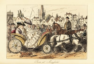 Krinolinruhás, napernyős angol hölgy pónival húzott kosárkocsit vezet egy kisváros nyüzsgő utcáin alkotó: John (after) Leech