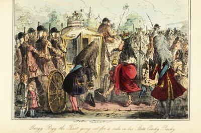 I. György angol király halála éjszakáján, 1727. június 22-én felszáll a királyi kocsiba Osnabruckba alkotó: John (after) Leech