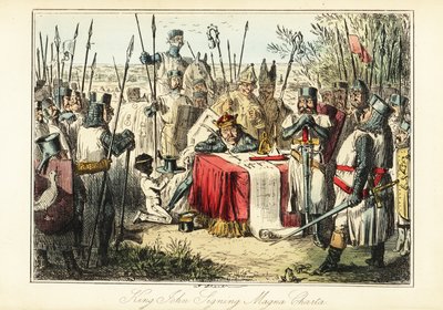 János királyt bárók és püspökök veszik körül, akik Runnymedesben aláírták a Magna Cartát alkotó: John (after) Leech