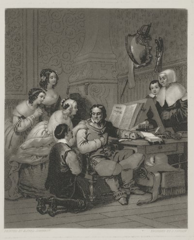 Cromwell családja, aki közbenjár I. Károly életéért, Alfred Johannot nyomtatványa (mezzotint) alkotó: John (after) Sartain
