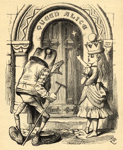 Alice és a béka, illusztrációja Lewis Carroll (1832-98) „Through the Looking Glass” című művéből, először 1871-ben (litho) alkotó: John (after) Tenniel