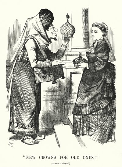 Punch rajzfilm: Új koronák a régieknek. Benjamin Disraeli (mint Aladdin) Viktória királynővel – az 1876-os királyi címről szóló törvény, amely elismeri a királynőt India császárnőjének (metszet) alkotó: John (after) Tenniel