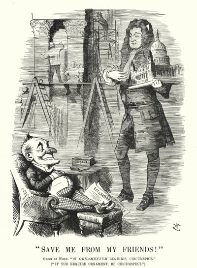 Punch rajzfilm: Ments meg a barátaimtól – Sir Christopher Wren szelleme és a londoni Szent Pál-székesegyház díszítése (metszet) alkotó: John (after) Tenniel