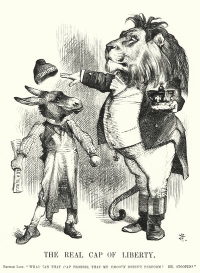 Punch rajzfilm: The Real Cap of Liberty – Nagy-Britannia alkotmányos monarchiájának felsőbbrendűsége a republikanizmussal szemben (metszet) alkotó: John (after) Tenniel