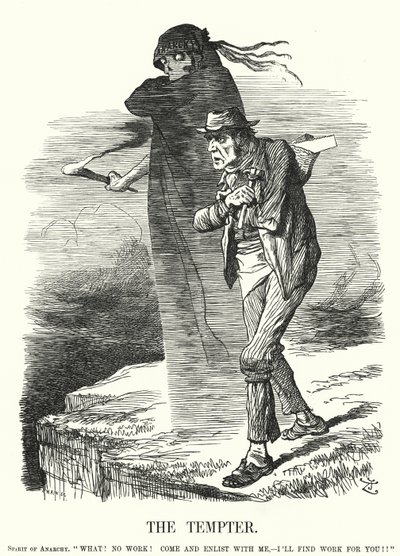 Punch rajzfilm: A kísértés – az anarchizmus kísértése a munkanélküliek számára (metszet) alkotó: John (after) Tenniel