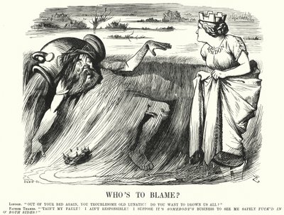 Punch rajzfilm: Ki a hibás? - intézkedések megtételére szólít fel a londoni Temze áradásainak megelőzése érdekében (metszet) alkotó: John (after) Tenniel