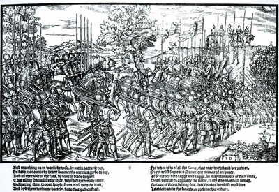 Sidney és az angol hadsereg menetel, zászlókkal és trombitákkal, 8. tábla John Derricke "The Image of Ireland" című művéből. alkotó: John (attr. to) Derricke