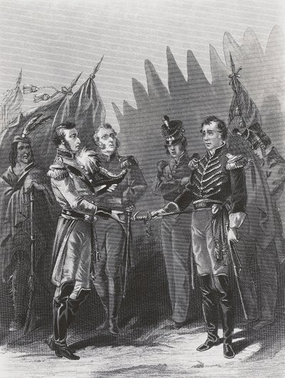 William Hull amerikai tábornok megadja magát a brit csapatoknak és az indián harcosoknak Detroitban, július 15. alkotó: Walter Charles Mills