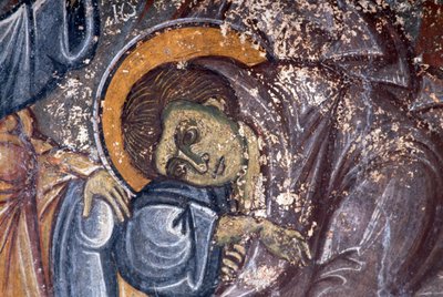 Szent alakja, Ioannis Pagomenos, freskó részlete a bizánci Szent György-templomban, Anidri, Kréta, Görögország (fotó) alkotó: Walter Charles Mills