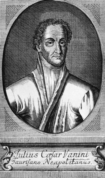 Lucilio Vanini, Giulio Cesare Vanini (1585-1619), olasz filozófus, orvos és szabadgondolkodó portréja, aki az intellektuális libertinizmus egyik első jelentős képviselője volt, metszet. alkotó: Walter Charles Mills