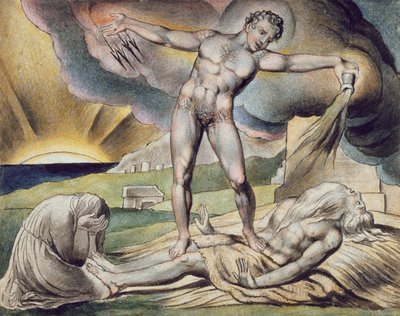A Sátán megsemmisíti Jóbot, 6. oldal a Jób könyvének illusztrációiból, William Blake (1757-1827) nyomán 1823 körül (toll és tinta mosással a papíron) alkotó: John (circle of) Linnell